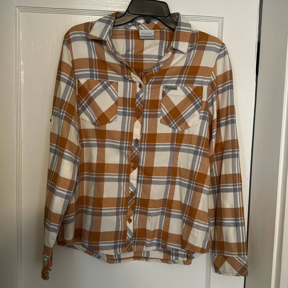 Columbia women’s flannel, burnt yellow & grey